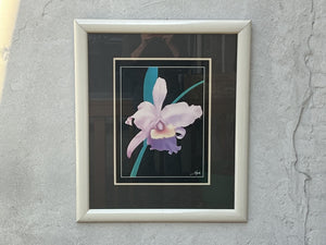 White Framed Black Matte Pink and Green Iris Wall Art, 1980s