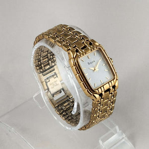 Bulova Unisex Watch, Gold Tone, White Rectangular Dial, Bracelet Strap