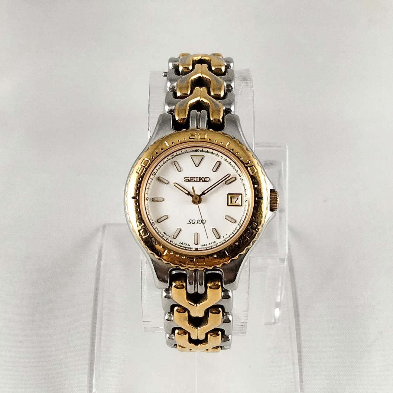 Seiko SQ 100 Silver and Gold Tone Watch, Date, Bracelet Strap