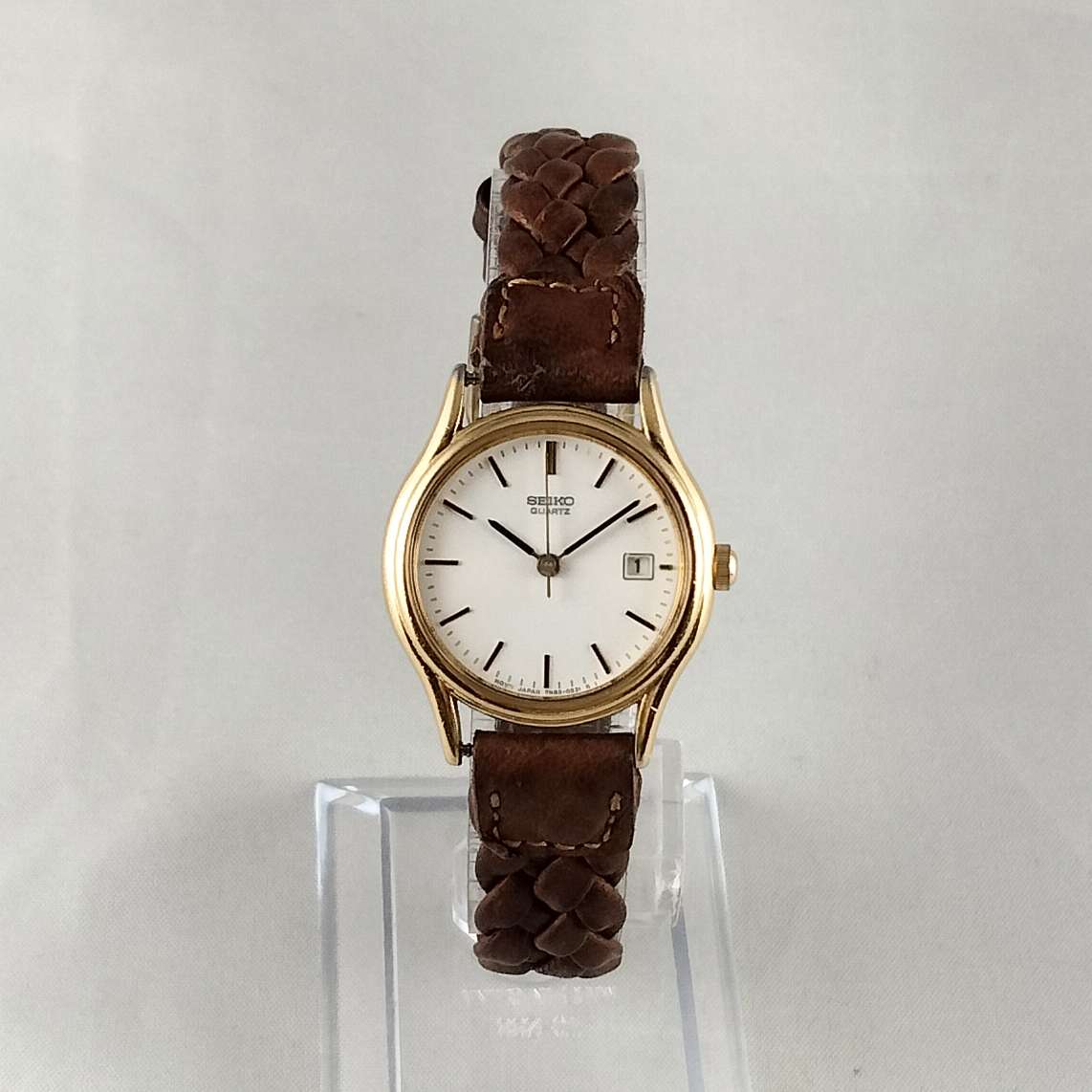 Seiko Watch, White Dial, Gold Tone Details, Braided Brown Leather Strap