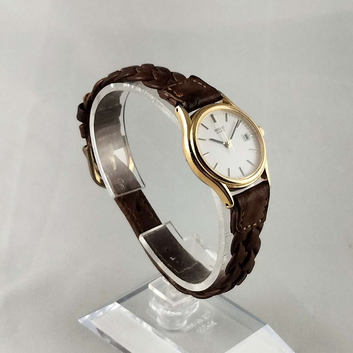 Seiko Watch, White Dial, Gold Tone Details, Braided Brown Leather Strap