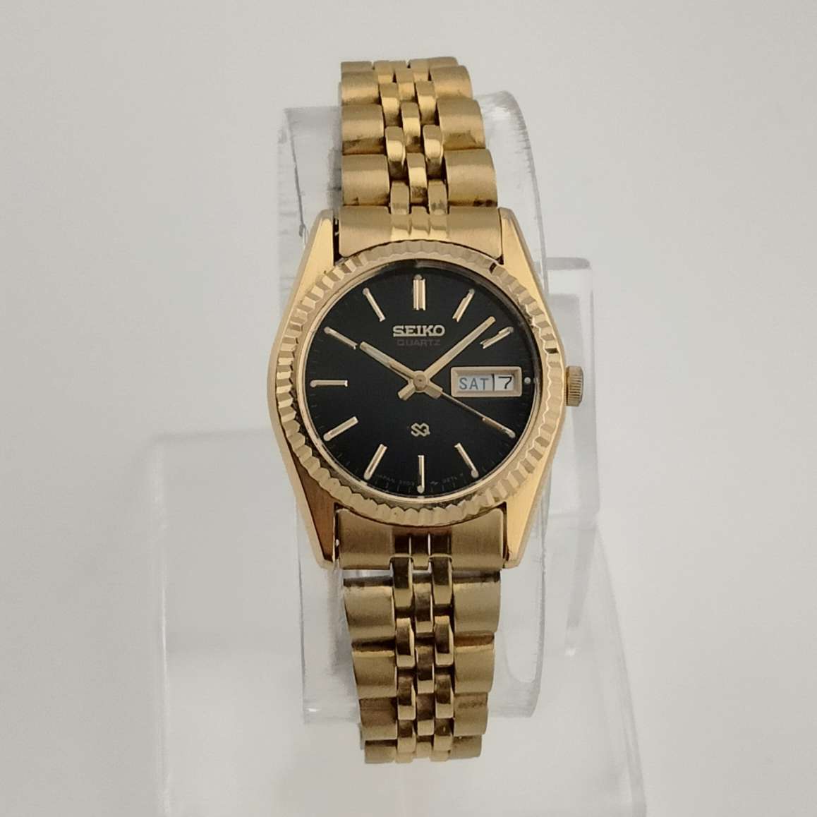 Seiko SQ Petite Gold Tone Watch, Black Dial, Date, Bracelet Strap