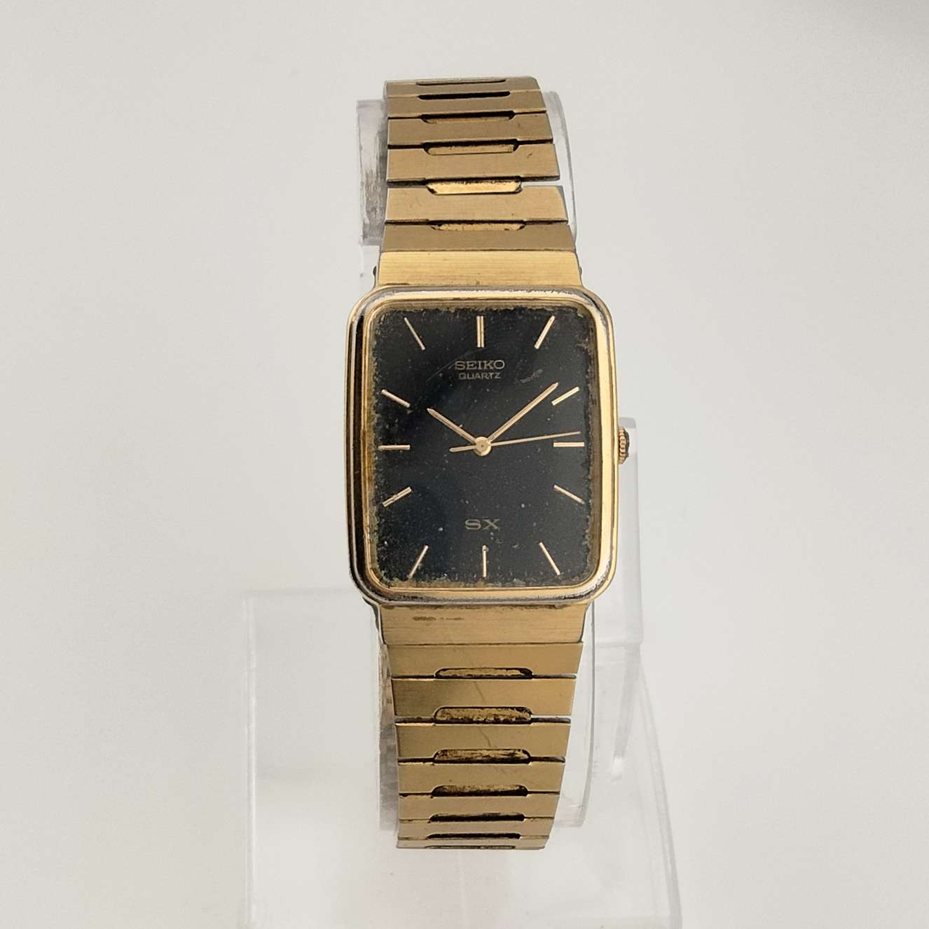 Seiko SX Quartz Gold Watch, Black Rectangular Dial, Adjustable Bracelet Strap