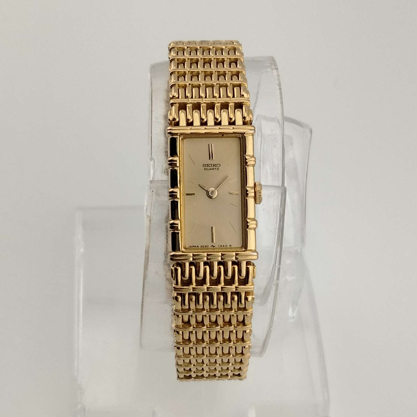 Seiko Quartz Petite Gold Tone Watch, Elongated Rectangle Dial, Bracelet Strap