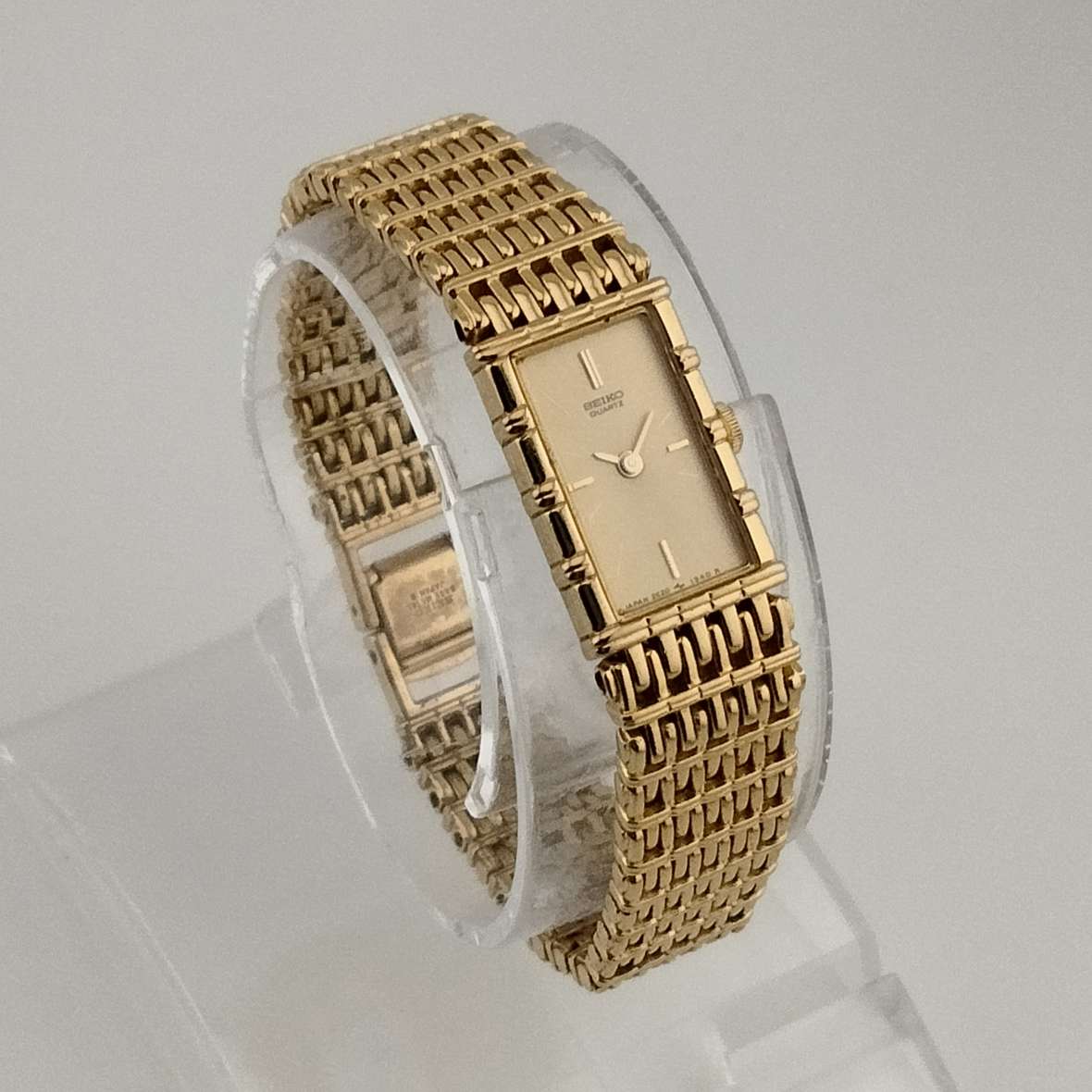 Seiko Quartz Petite Gold Tone Watch, Elongated Rectangle Dial, Bracelet Strap