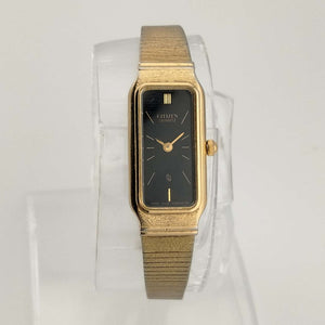 Citizen Petite Quartz, Gold Tone Watch, Elongated Rectangular Dial, Bracelet Strap