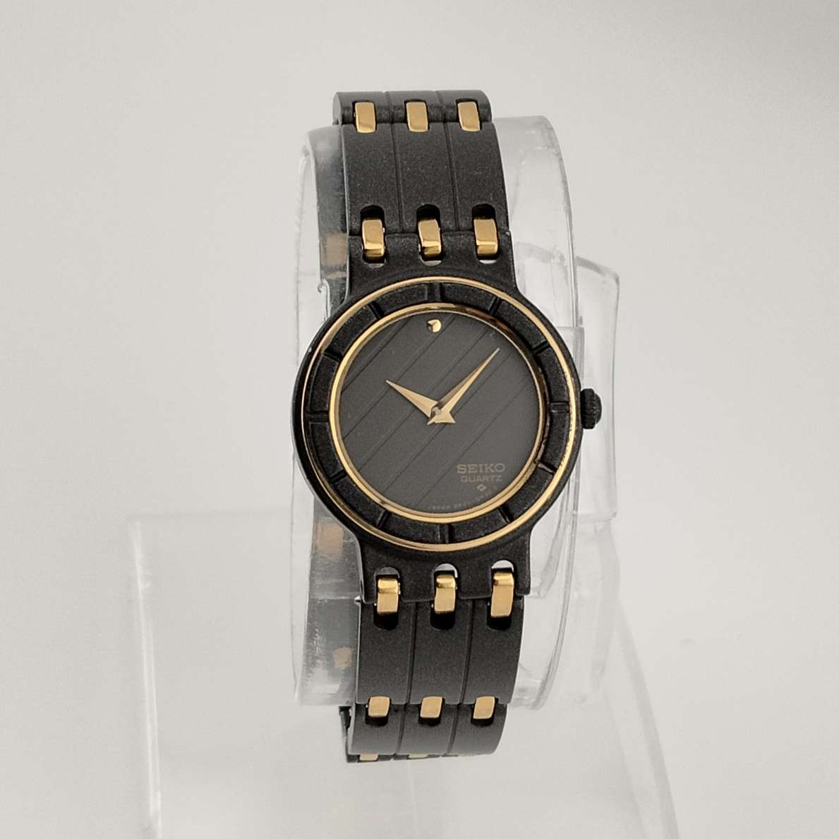 Seiko Quartz Watch, Matte Black Dial and Strap, Gold Tone Details