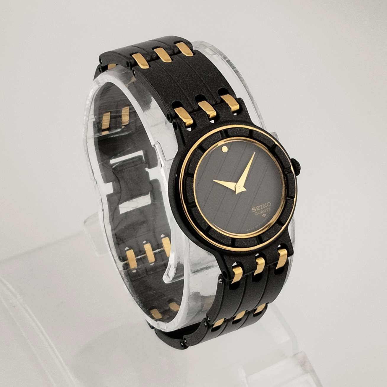 Seiko Quartz Watch, Matte Black Dial and Strap, Gold Tone Details