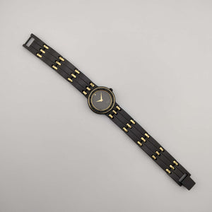 Seiko Quartz Watch, Matte Black Dial and Strap, Gold Tone Details