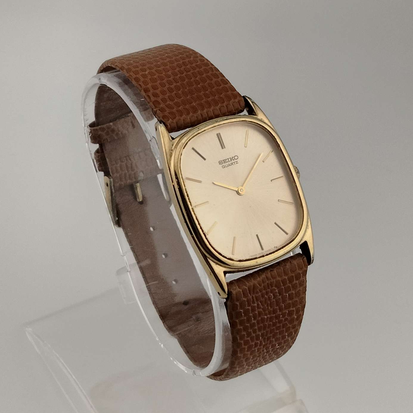 Seiko Unisex Quartz Watch, Gold Tone Details, Brown Lizard  Strap