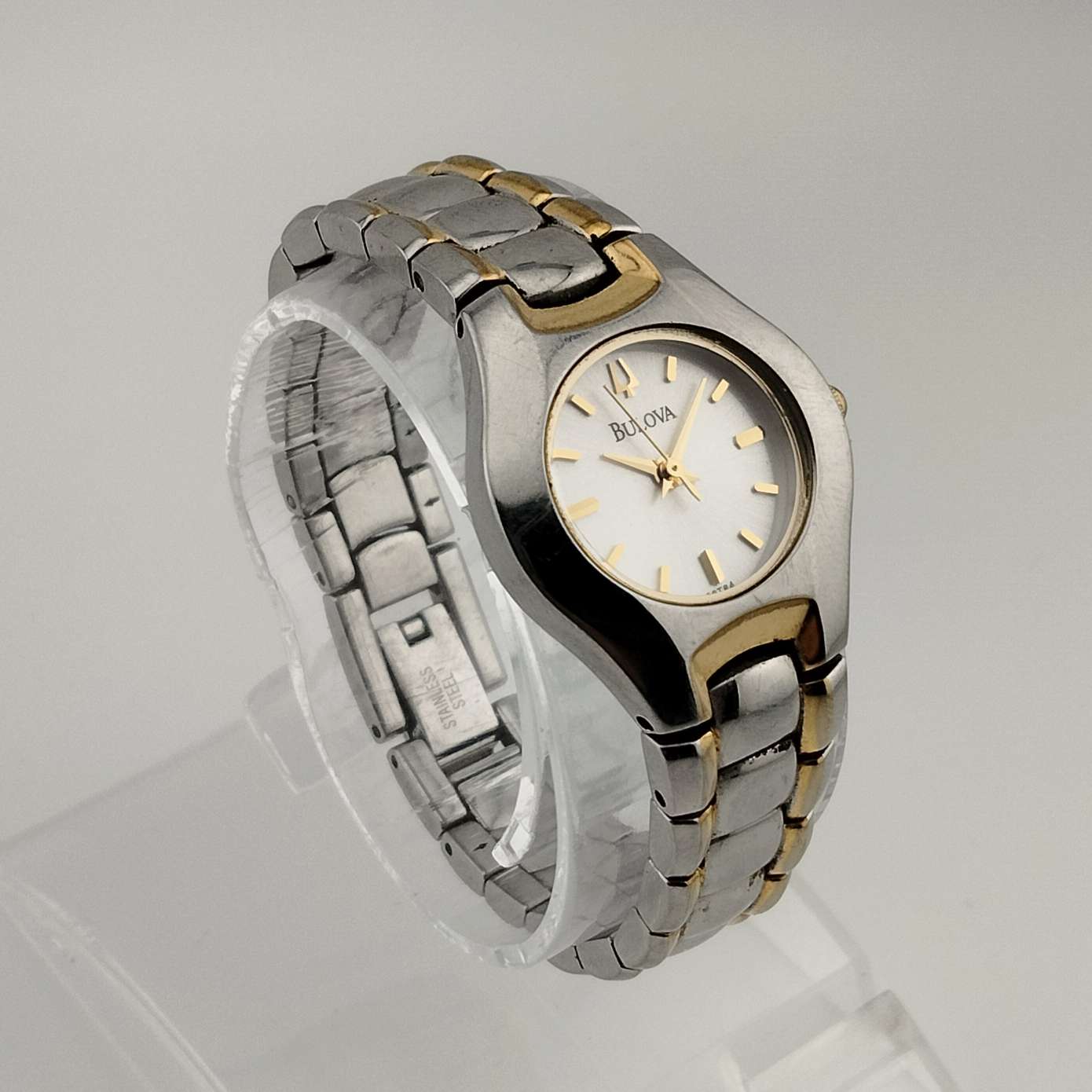 Bulova Petite Silver Tone Watch with Gold Accents, White Dial, Bracelet Strap