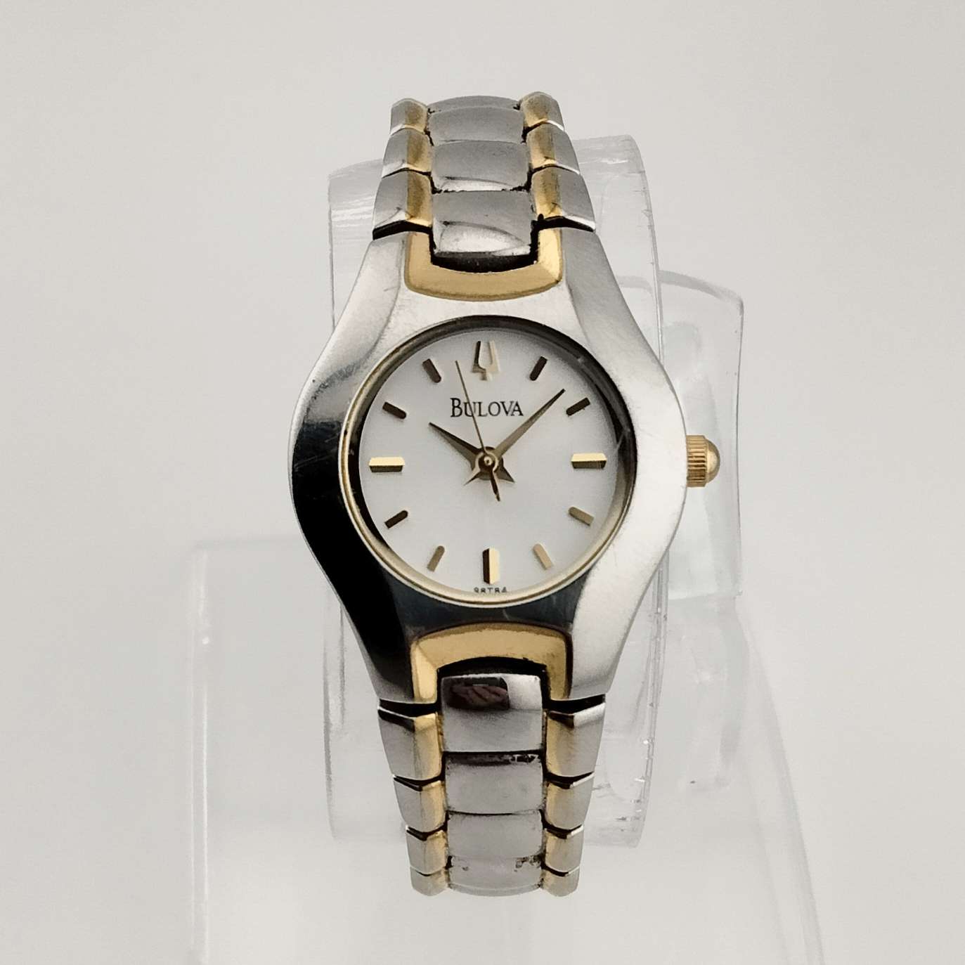 Bulova Petite Silver Tone Watch with Gold Accents, White Dial, Bracelet Strap