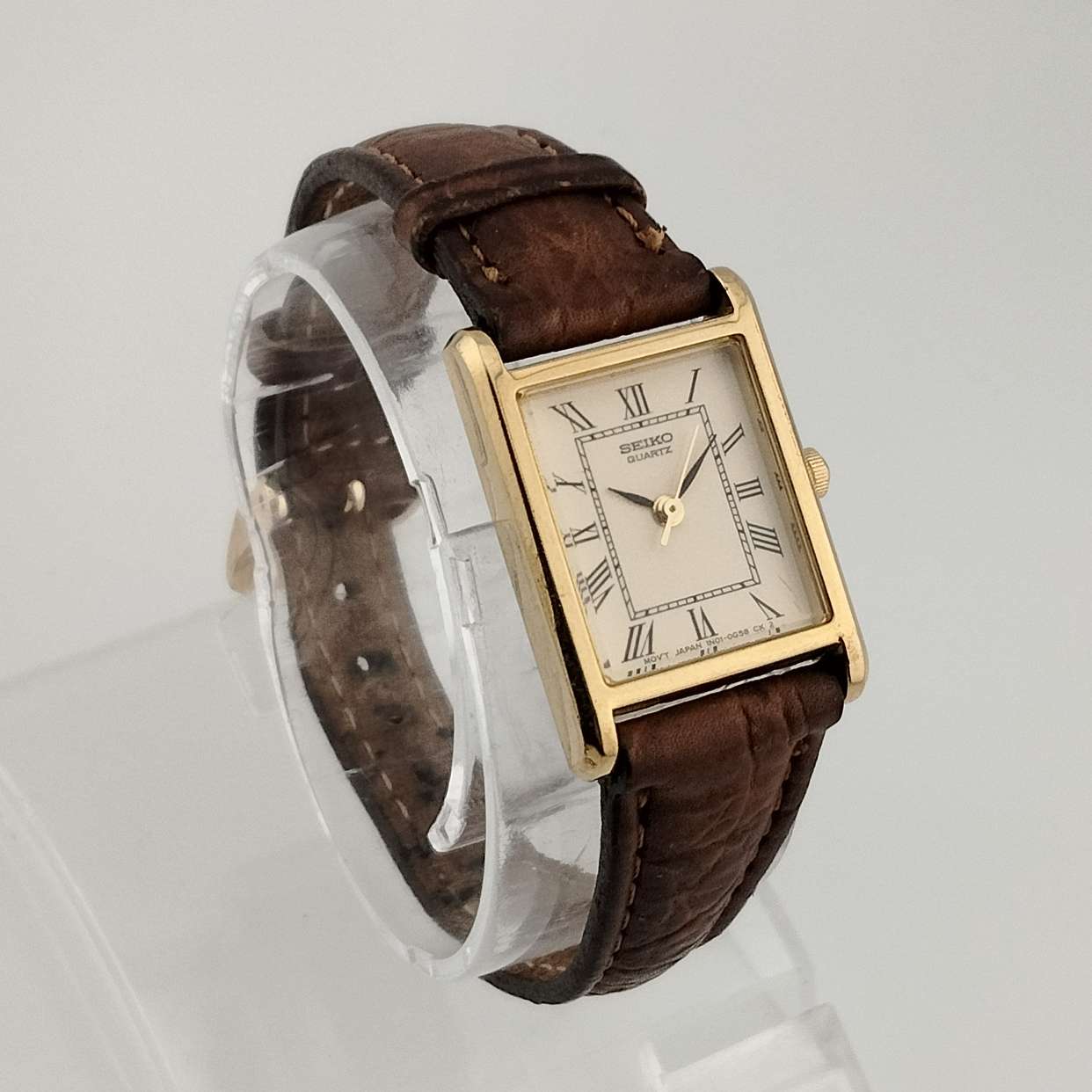 Seiko Unisex Quartz Watch, Rectangular Tank Style Dial, Brown Leather Strap