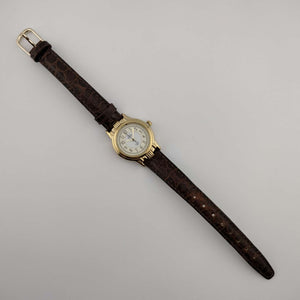 Unisex Timex Indiglo Gold Tone Watch, Circular Dial, Brown Genuine Leather Strap