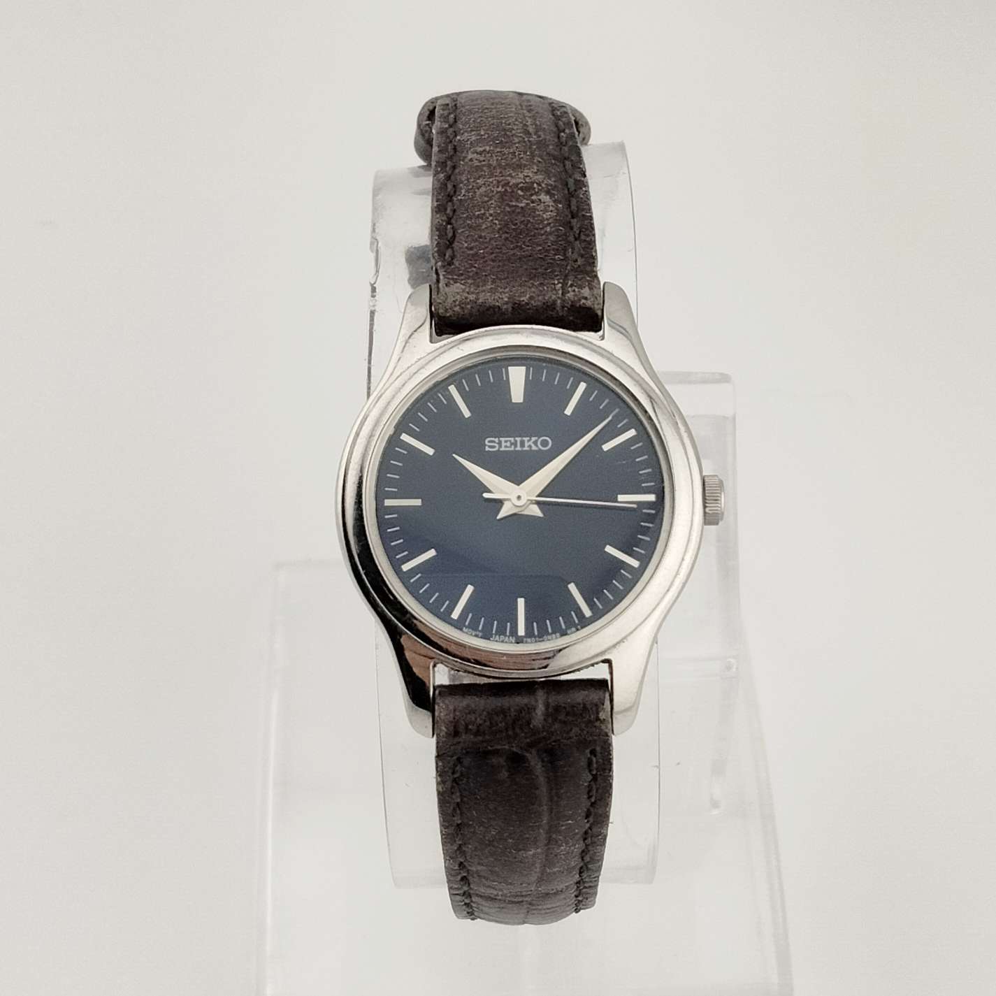 Seiko Unisex Watch, Navy Dial with Silver Tone Details, Brown Leather Strap