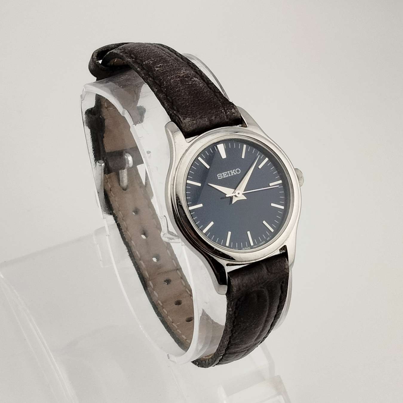 Seiko Unisex Watch, Navy Dial with Silver Tone Details, Brown Leather Strap