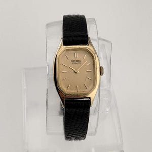 Seiko Petite Quartz Gold Tone Watch, Rounded Octagonal Dial, Black Lizard Strap