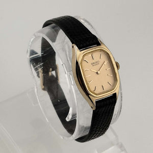 Seiko Petite Quartz Gold Tone Watch, Rounded Octagonal Dial, Black Lizard Strap