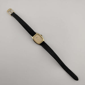 Seiko Petite Quartz Gold Tone Watch, Rounded Octagonal Dial, Black Lizard Strap