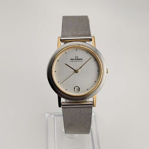 Skagen Silver Tone Unisex Watch, Gold Tone Details, Date Window, Adjustable Mesh Strap