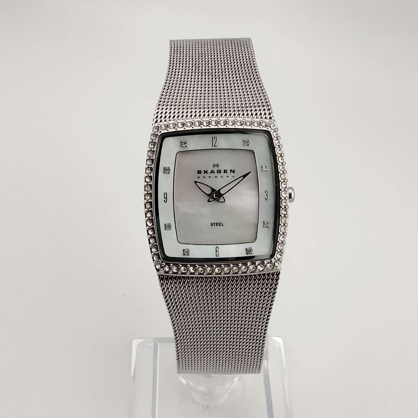 Skagen Silver Tone Watch, Square Mother of Pearl Dial, Adjustable Mesh Strap