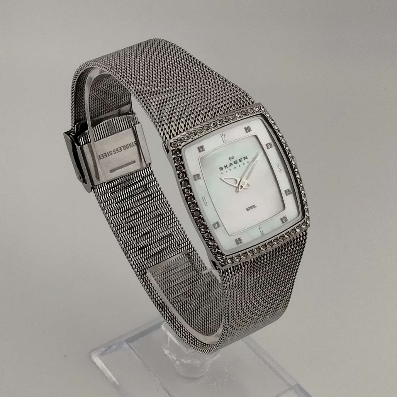 Skagen Silver Tone Watch, Square Mother of Pearl Dial, Adjustable Mesh Strap