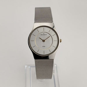 Skagen Unisex Silver Tone Watch, Gold Tone Details, Adjustable Mesh Strap