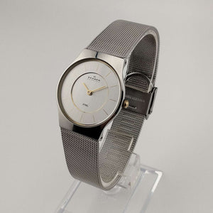 Skagen Unisex Silver Tone Watch, Gold Tone Details, Adjustable Mesh Strap