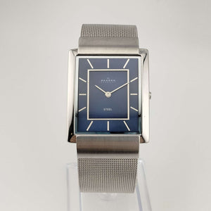 Skagen Men's Silver Tone Watch, Rectangular Royal Blue Dial, Adjustable Metal Mesh Strap