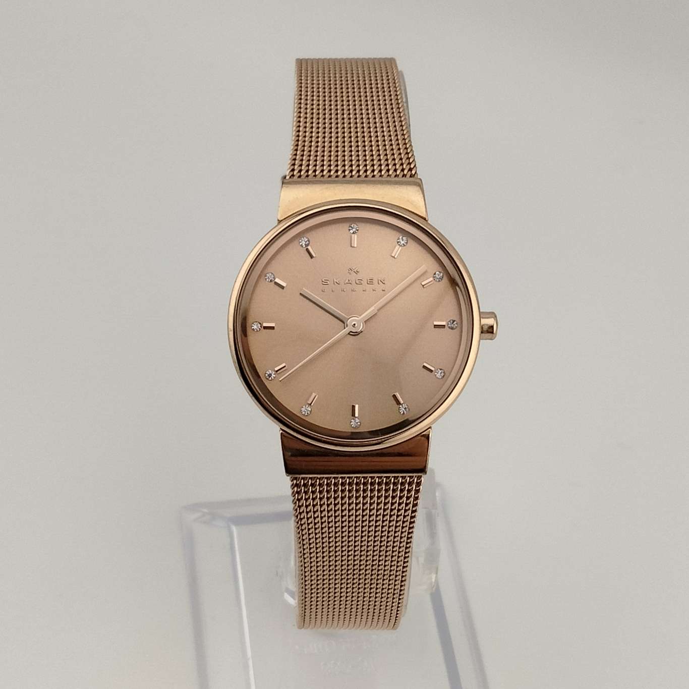 Skagen Women Rose Gold Tone Watch, Jewel Hour Markers, Adjustable Mesh Strap