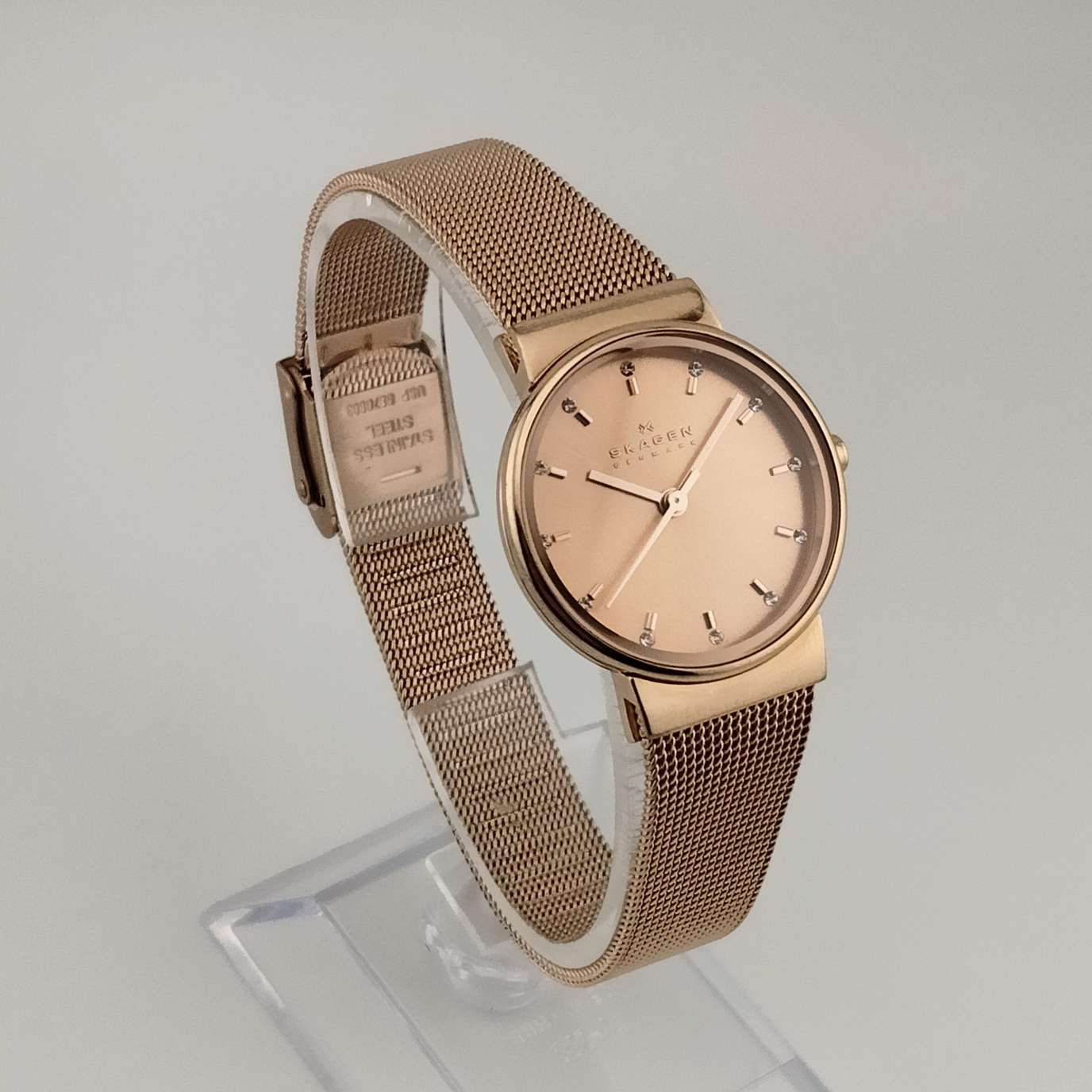 Skagen Women Rose Gold Tone Watch, Jewel Hour Markers, Adjustable Mesh Strap