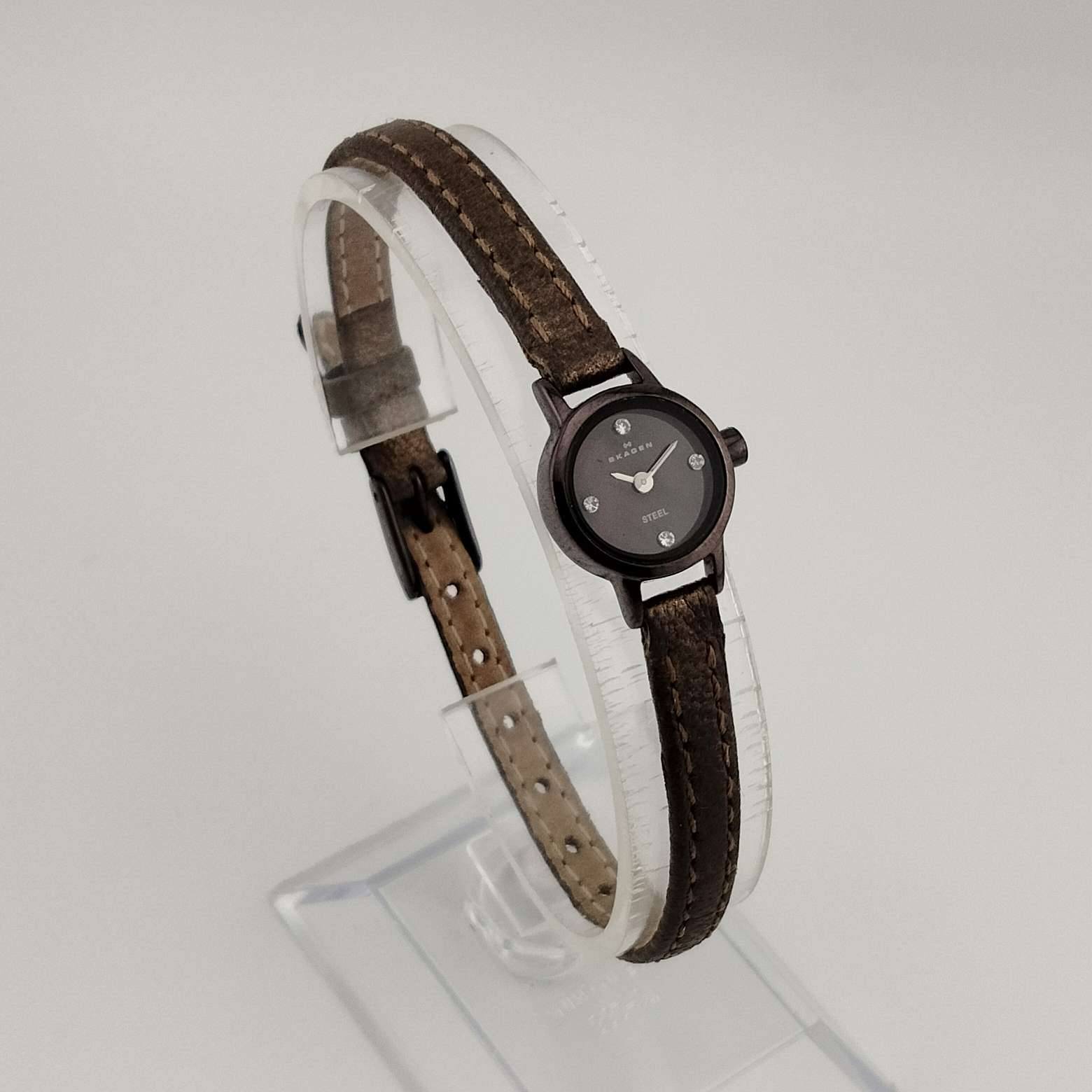 Skagen Ultra Petite Watch, Brown Mother of Pearl Dial, Jewel Detail, Genuine Leather Strap