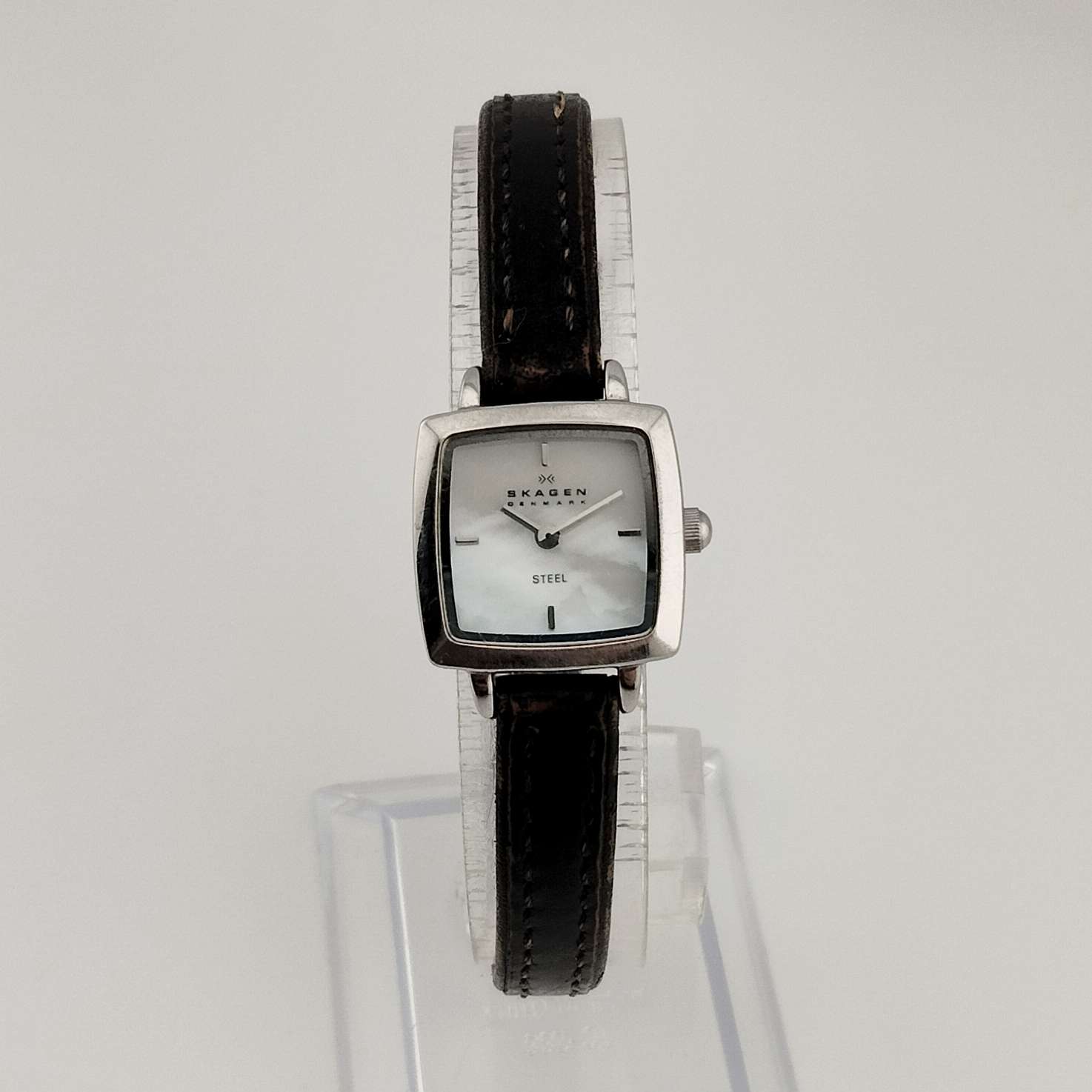 Skagen Petite Watch, Square Mother of Pearl Dial, Genuine Dark Brown Leather Strap