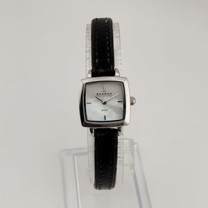 Skagen Petite Silver Tone Watch, Square Mother of Pearl Dial, Genuine Dark Brown Leather Strap