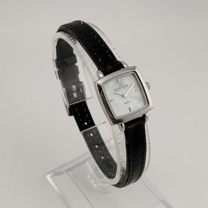 Skagen Petite Silver Tone Watch, Square Mother of Pearl Dial, Genuine Dark Brown Leather Strap