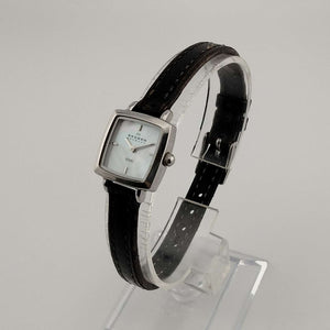 Skagen Petite Silver Tone Watch, Square Mother of Pearl Dial, Genuine Dark Brown Leather Strap