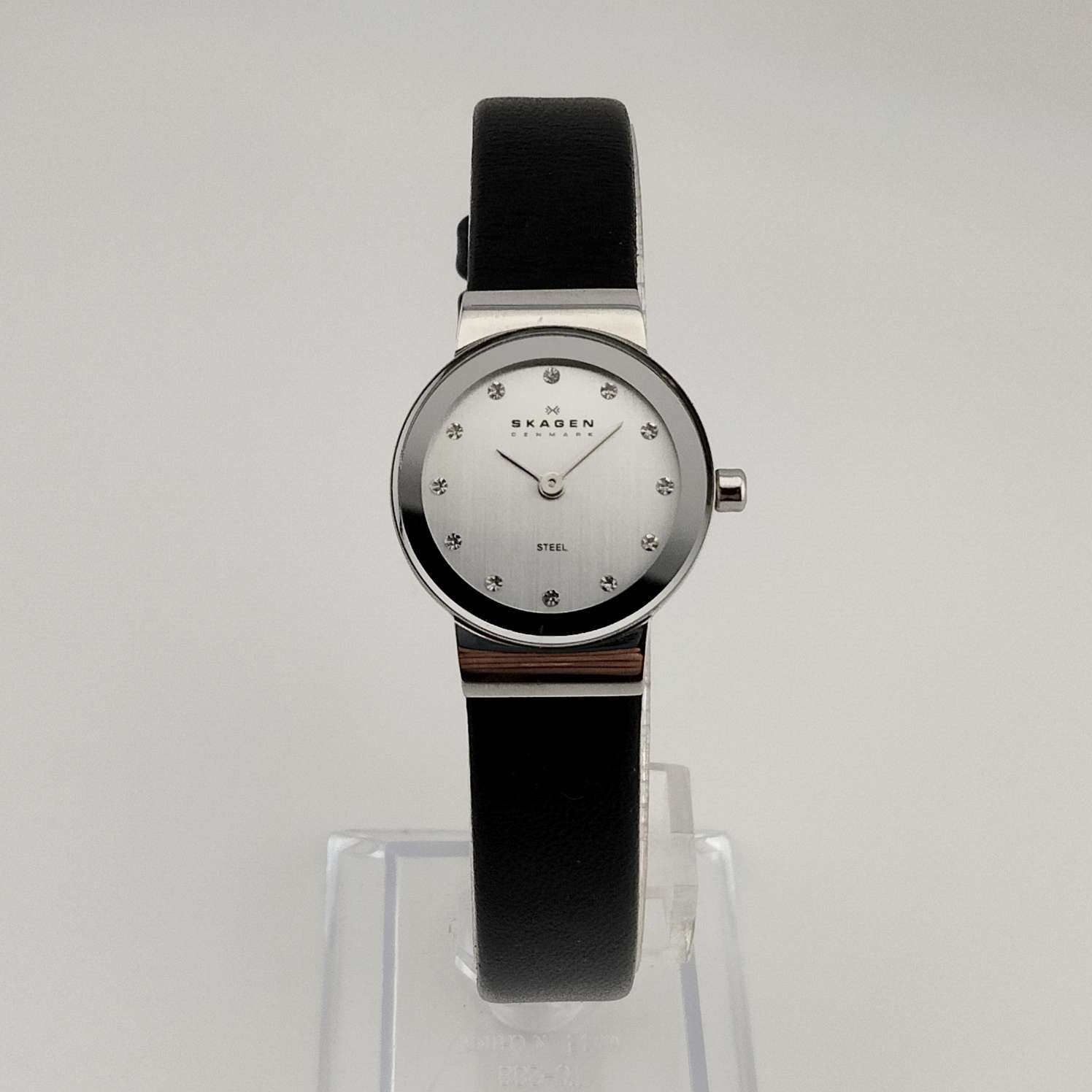 Skagen Women's Petite Watch, Silver Tone and Jewel Details, Genuine Black Leather Strap