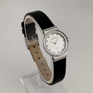 Skagen Women's Petite Watch, Silver Tone and Jewel Details, Genuine Black Leather Strap