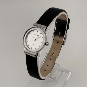 Skagen Women's Petite Watch, Silver Tone and Jewel Details, Genuine Black Leather Strap