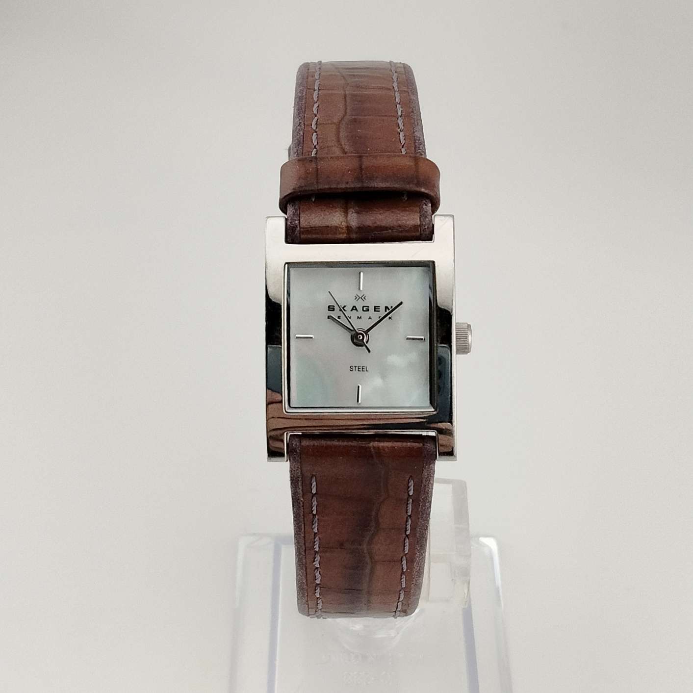 Skagen Watch, Square Mother of Pearl Dial, Genuine Brown Leather Strap