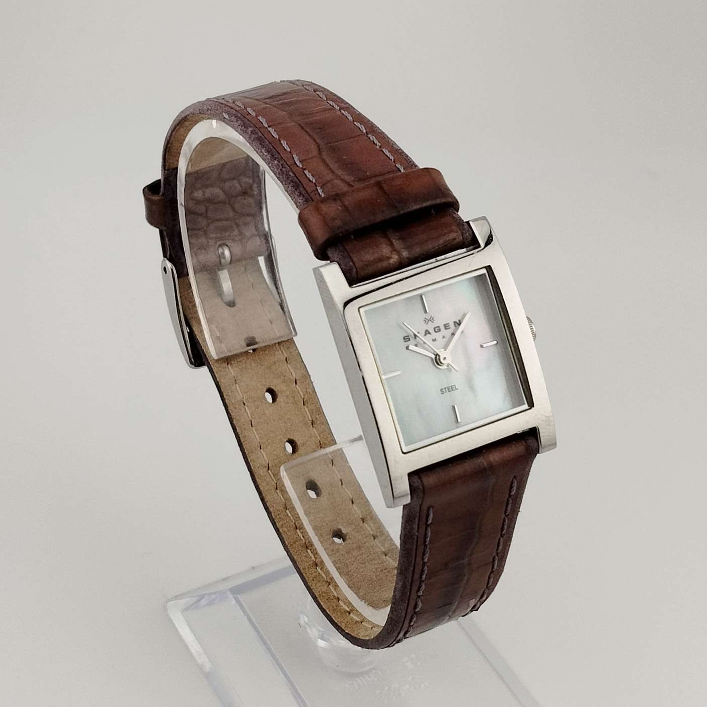 Skagen Watch, Square Mother of Pearl Dial, Genuine Brown Leather Strap