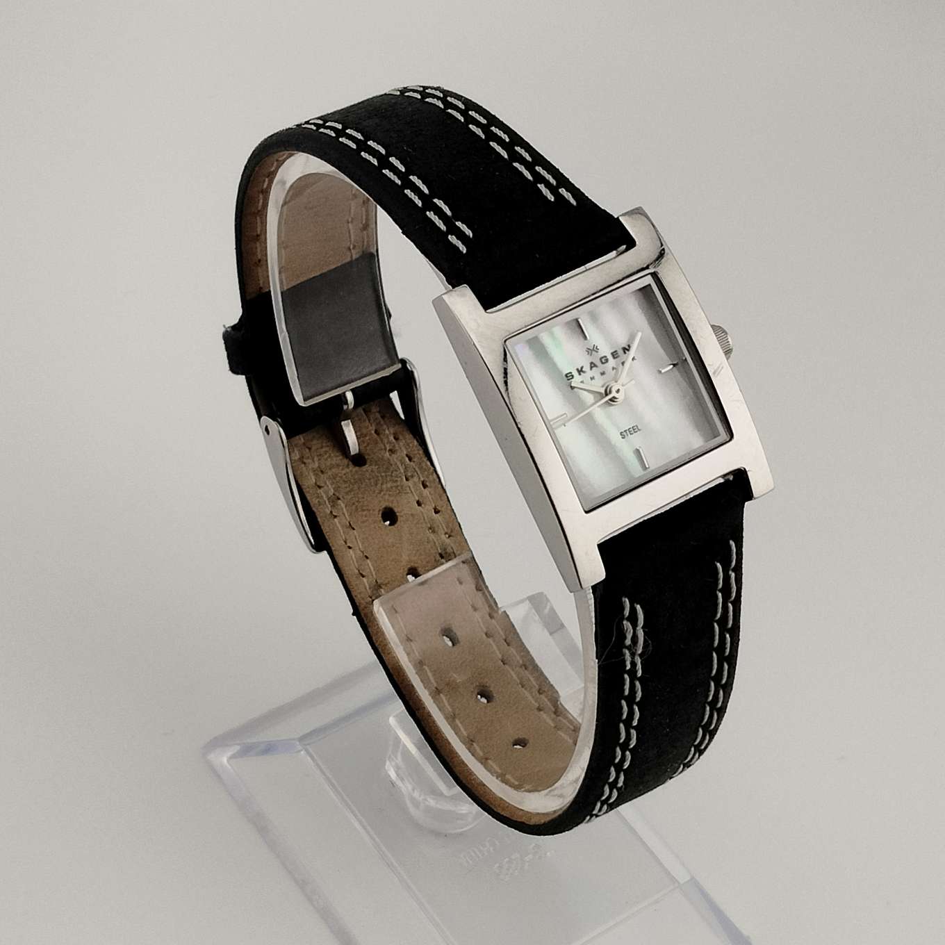 Skagen Watch, Square Mother of Pearl Dial, Genuine Black Leather Strap with Contrast Stitching