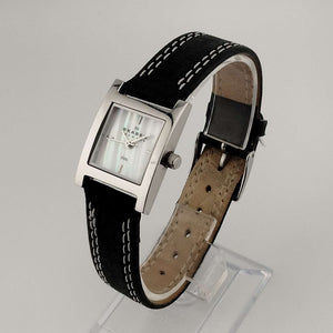 Skagen Watch, Square Mother of Pearl Dial, Genuine Black Leather Strap with Contrast Stitching