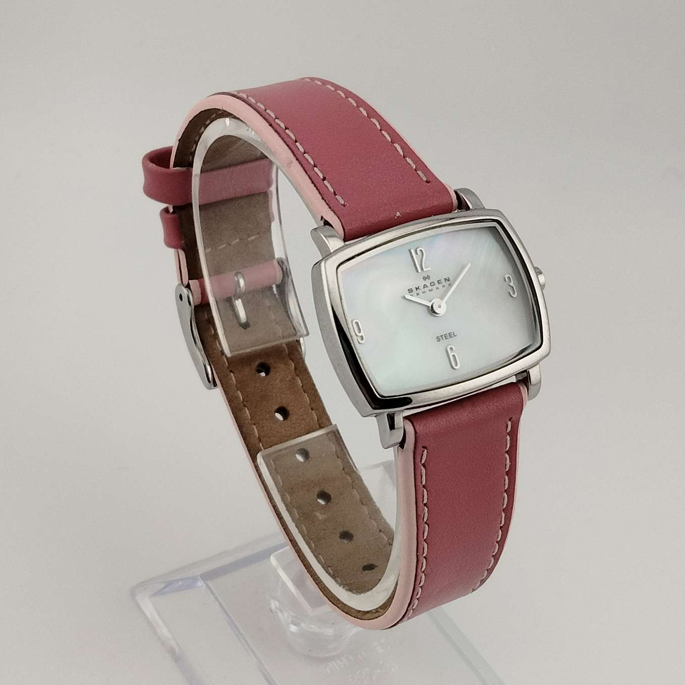 Skagen Women's Watch, Flat Rectangular Mother of Pearl Dial, Genuine Pink Leather Strap