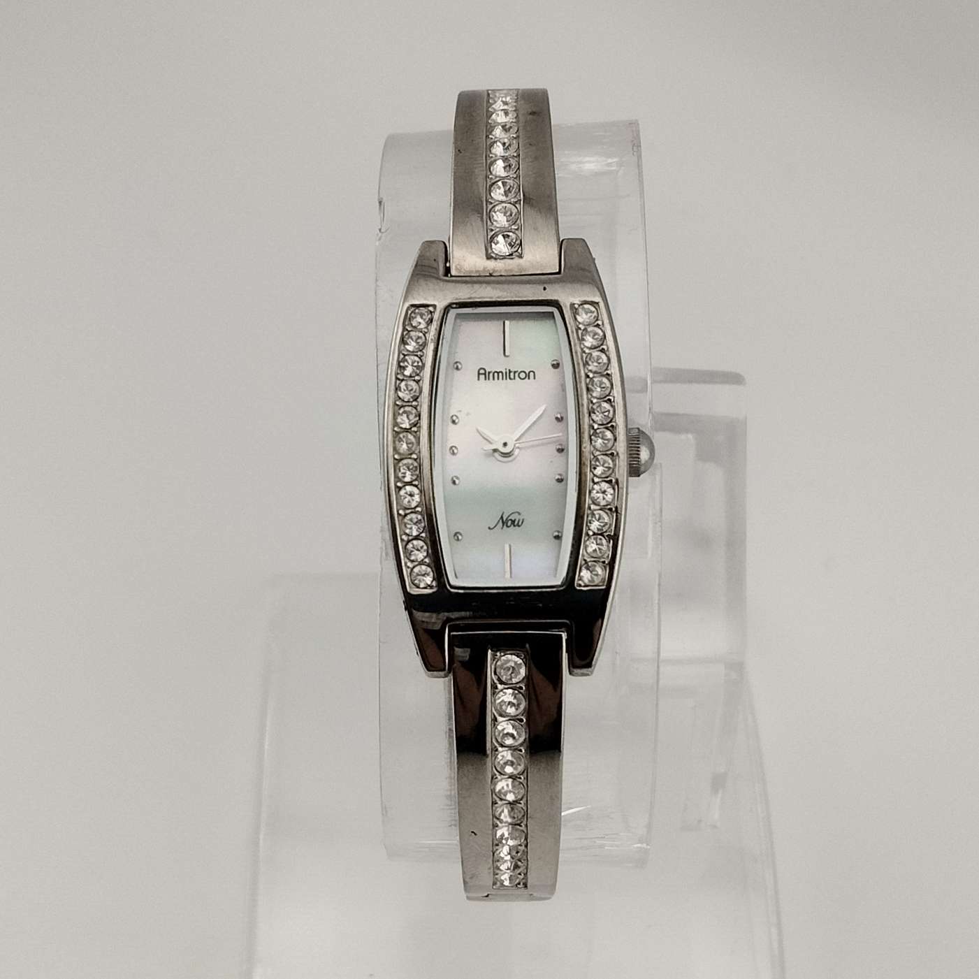 Armitron Petite Silver Tone Watch, Rectangular Mother of Pearl Dial, Jewel Accents, Bracelet Strap