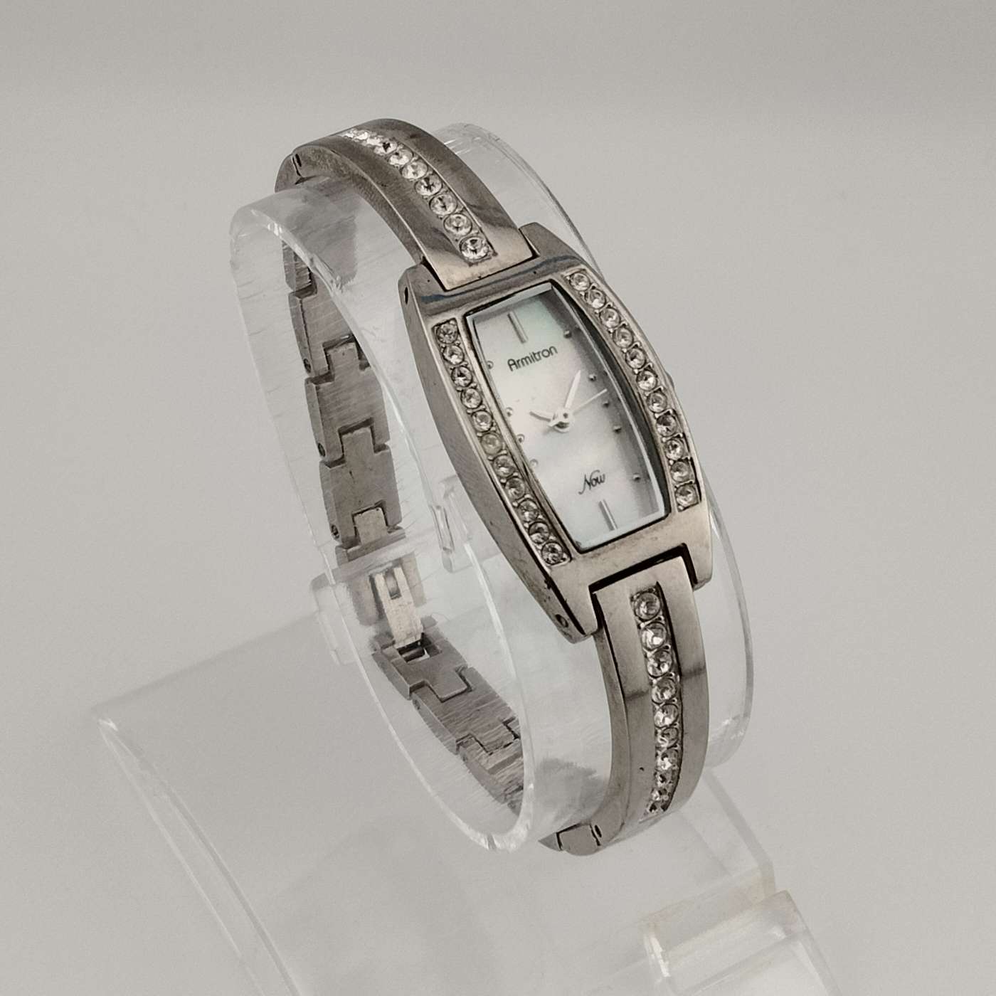 Armitron Petite Silver Tone Watch, Rectangular Mother of Pearl Dial, Jewel Accents, Bracelet Strap