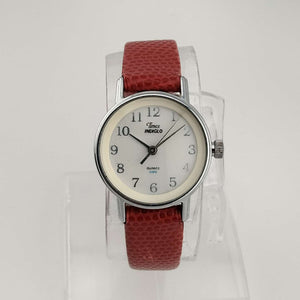 Timex Indiglo Silver Tone Watch, Circular Dial, Red Genuine Leather Strap