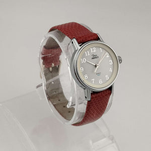 Timex Indiglo Silver Tone Watch, Circular Dial, Red Genuine Leather Strap