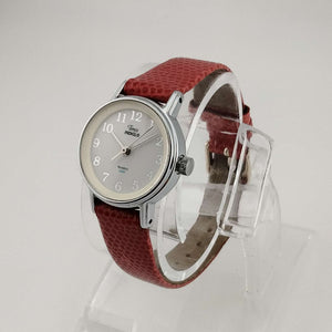 Timex Indiglo Silver Tone Watch, Circular Dial, Red Genuine Leather Strap