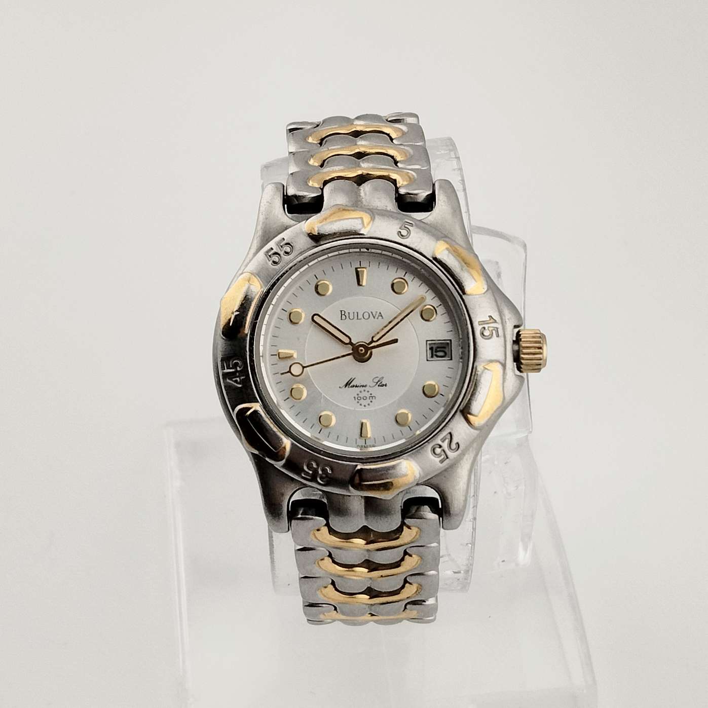 Bulova Silver Tone Watch with Gold Accents, Circular Dial, Date Window, Bracelet Strap